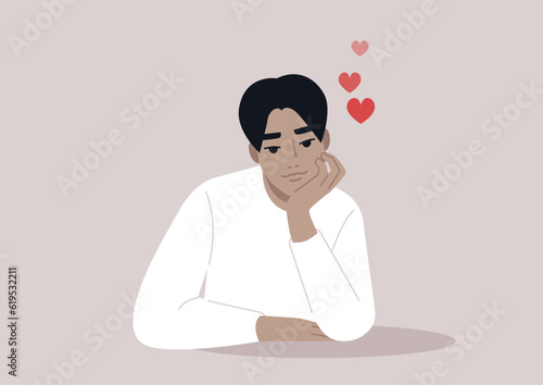 A portrait of a young cute character daydreaming about their romantic crush