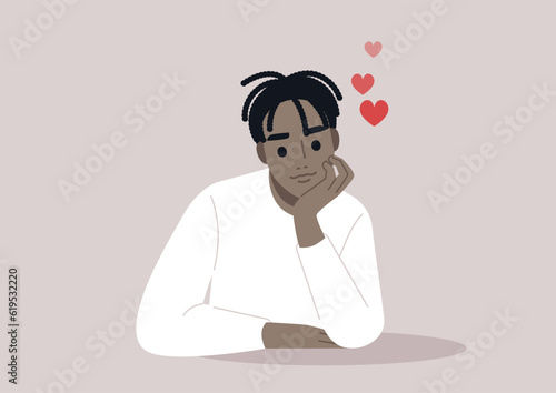 A portrait of a young cute character daydreaming about their romantic crush