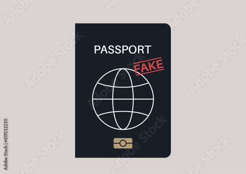 Fake stamp on a passport cover, documents forgery, international crime photo