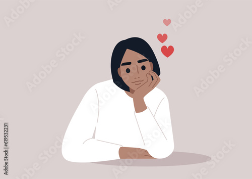 A portrait of a young cute character daydreaming about their romantic crush