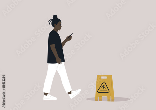 Young African character distracted by their smartphone ignoring a yellow wet floor caution sign on their way