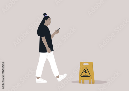 Young Asian character distracted by their smartphone ignoring a yellow wet floor caution sign on their way