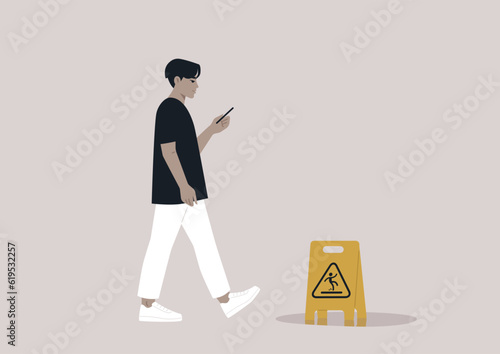 Young Asian character distracted by their smartphone ignoring a yellow wet floor caution sign on their way