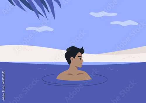 Young relaxed character swimming in the sea, holidays in a tropical climate, lifestyle