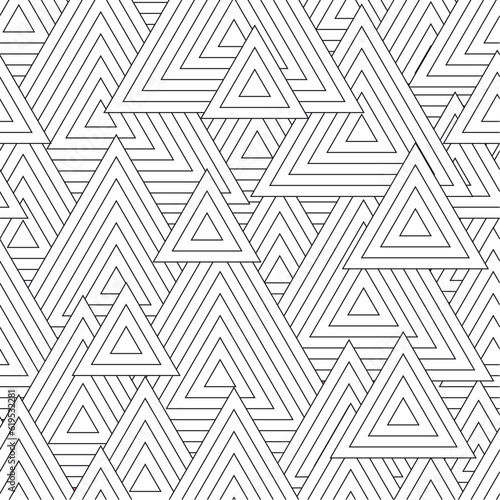 Black and white seamless pattern for coloring book in doodle style. Triangles.