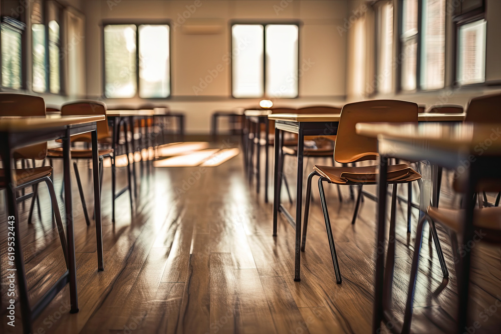 Empty classroom interior with wooden desks and chairs