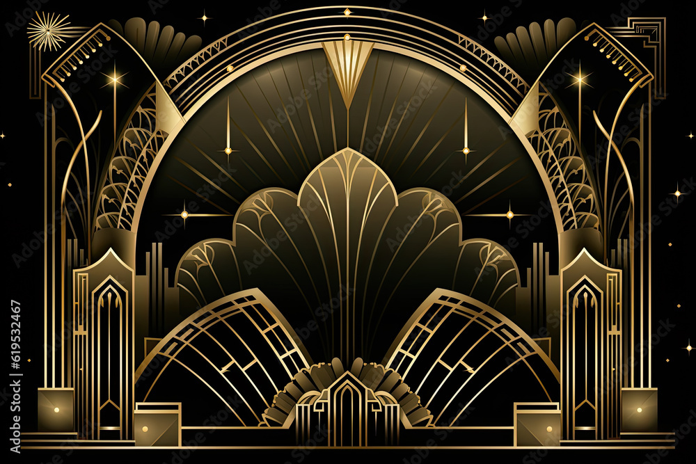 golden vintage artistic background with geometric shapes and archs. Art deco pattern background