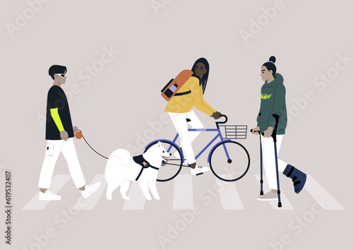 A group of diverse characters crossing the road, urban daily life