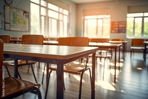 Empty classroom interior with wooden desks and chairs