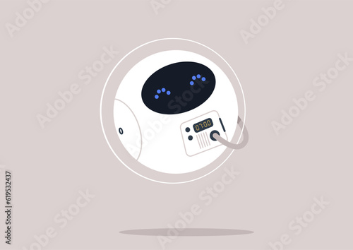 A cute astronaut robot wearing a spacesuit floating in outer space, a futuristic life concept