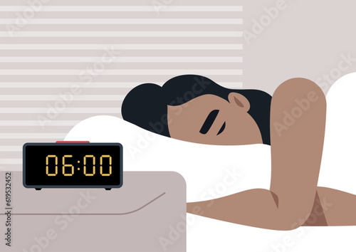 Calm peaceful morning scene, a character waking up to an alarm clock signal