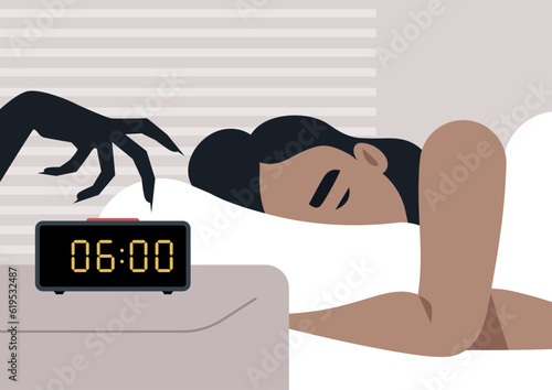 An oversleeping concept, a mysterious monster hand turning off the alarm clock in the morning