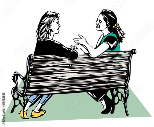 two women on park bench having a lively conversation