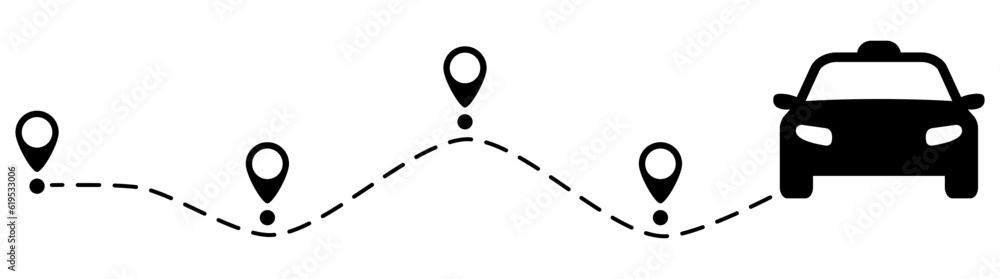 Taxi route with location pin. Automobile silhouette driving on dotted path. Journey and travel concept. Vector illustration isolated on white. Taxi route with location pin. Automobile silhouette driving on dotted path. Journey and travel concept. Vector illustration isolated on white.