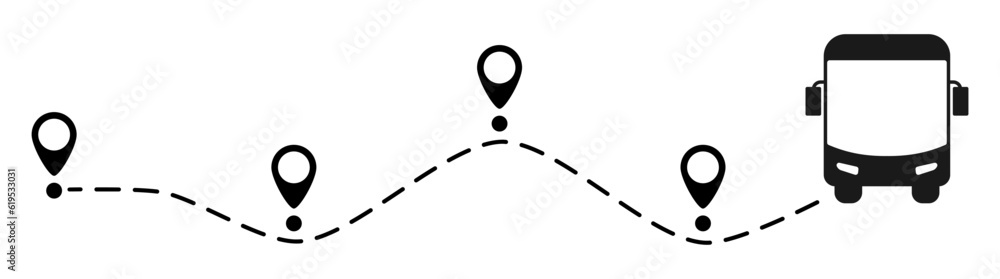 Bus route with location pin. Public transport silhouette driving on dotted path. Journey and travel concept. Vector illustration isolated on white. Bus route with location pin. Public transport silhouette driving on dotted path. Journey and travel concept. Vector illustration isolated on white.