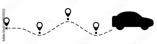 Car route with location pin icon. Automobile silhouette driving on dotted path. Journey and travel concept. Vector illustration isolated on white.