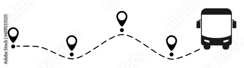 Bus route with location pin. Public transport silhouette driving on dotted path. Journey and travel concept. Vector illustration isolated on white.