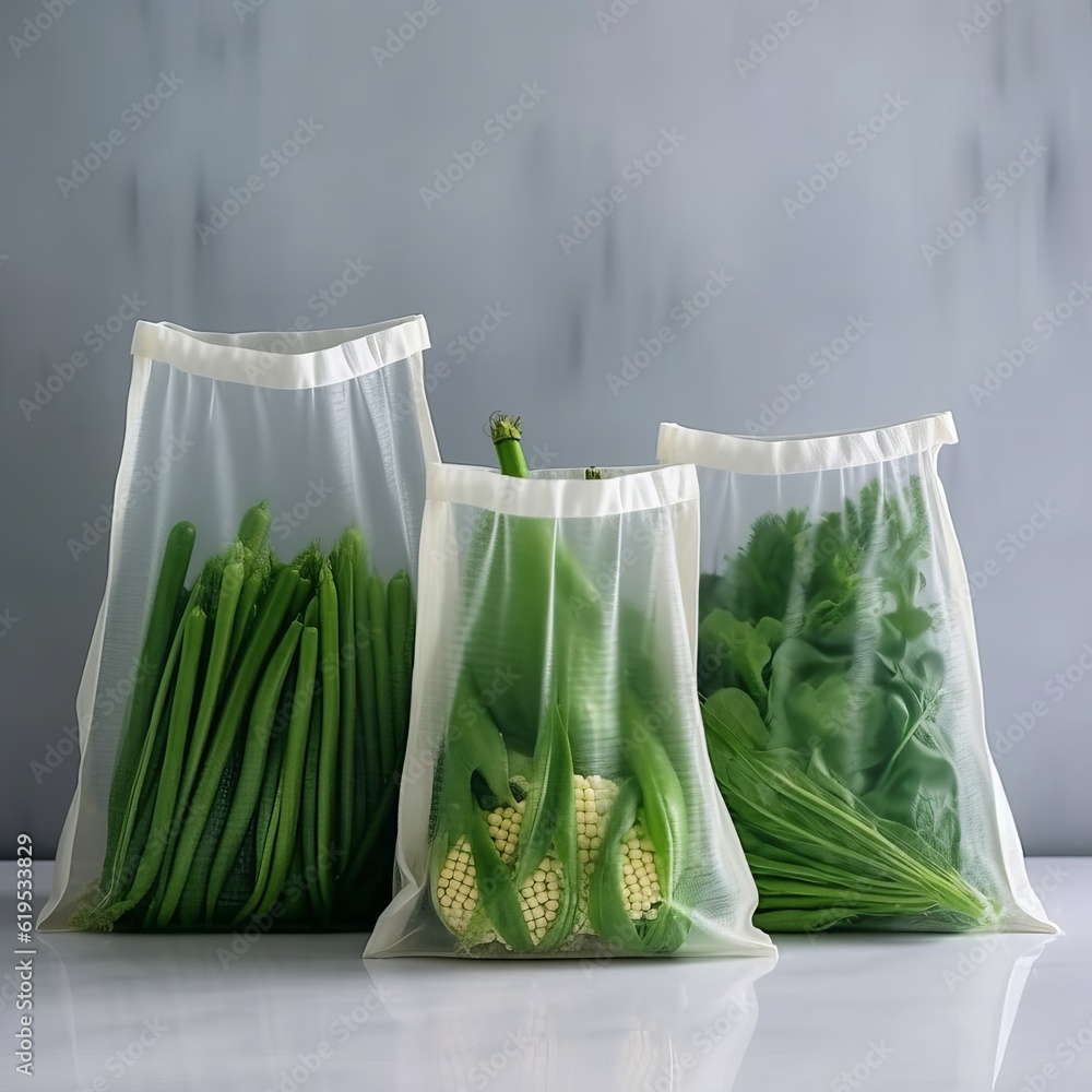 Eco bags for storing vegetables and fruits with herbs. Reusable