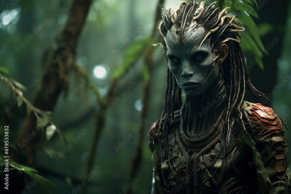 Alien female predator made of plants in the jungle. Generative AI