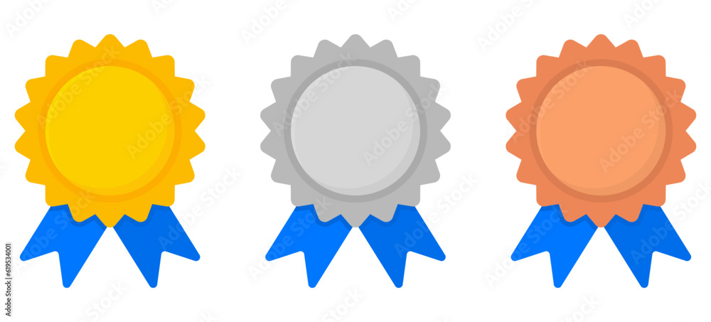 Golden, silver and bronze medals set. Award badge with blue ribbons collection. Vector illustration isolated on white.