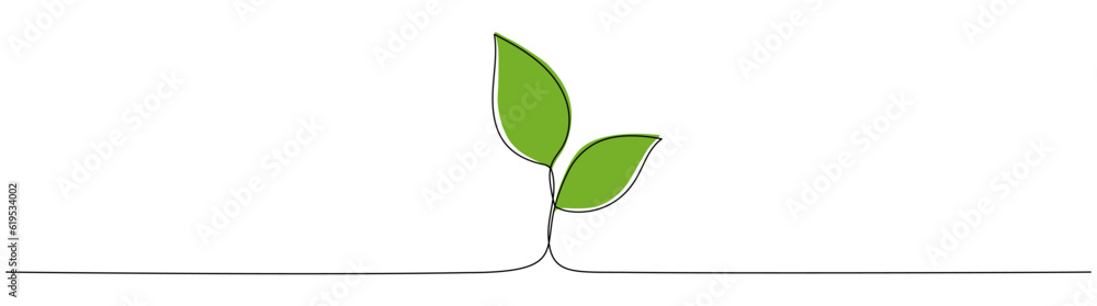 Two leaves continuous line drawing. Plant branch one line art with green shapes. Vector illustration isolated on white. Two leaves continuous line drawing. Plant branch one line art with green shapes. Vector illustration isolated on white.