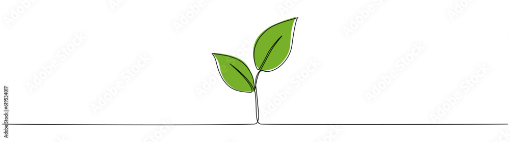 Two leaves continuous line drawing. Plant branch one line art with green shapes. Vector illustration isolated on white. Two leaves continuous line drawing. Plant branch one line art with green shapes. Vector illustration isolated on white.