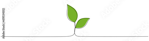 Two leaves continuous line drawing. Plant branch one line art with green shapes. Vector illustration isolated on white.