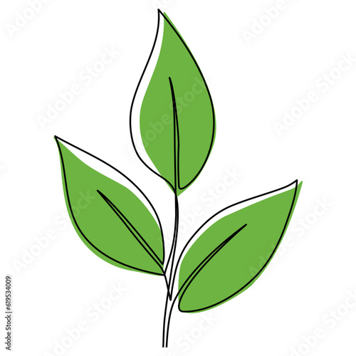 Leaves continuous line drawing. Plant branch one line art with green shapes. Vector illustration isolated on white.