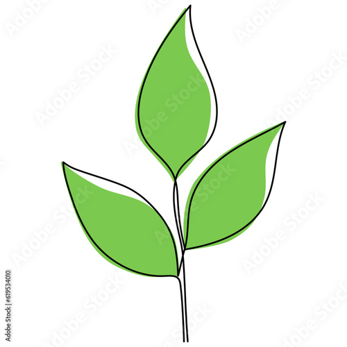 Leaves continuous line drawing. Plant branch one line art with green shapes. Vector illustration isolated on white.
