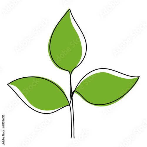 Leaves continuous line drawing. Plant branch one line art with green shapes. Vector illustration isolated on white.