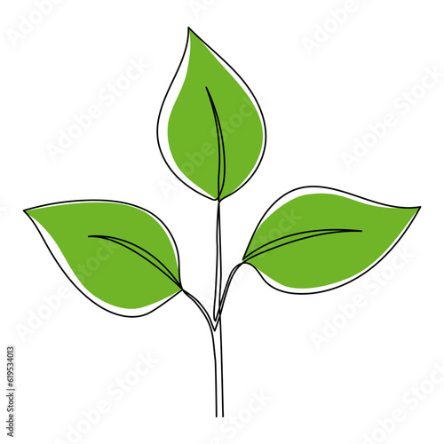 Leaves continuous line drawing. Plant branch one line art with green shapes. Vector illustration isolated on white.