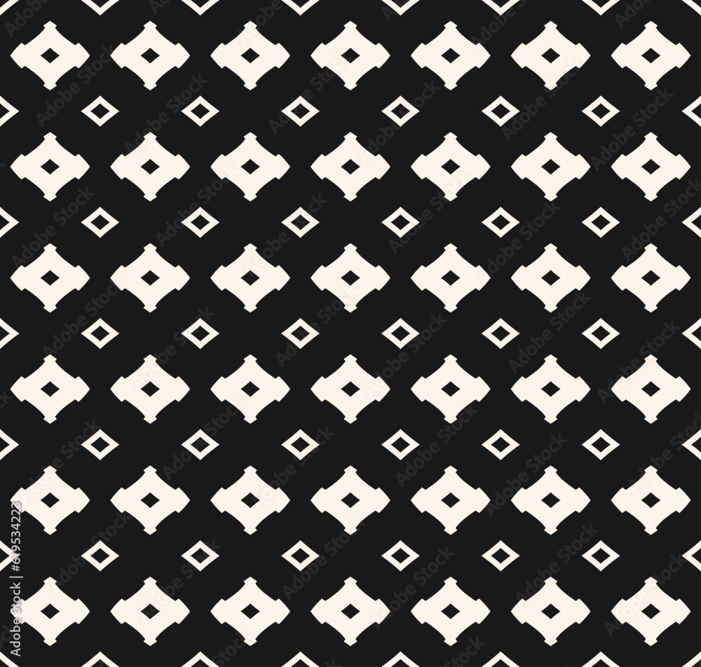 Monochrome seamless pattern, simple black and white geometric texture with simple shapes, rhombuses. Abstract vector minimalist background, repeat tiles. Dark stylish design for print, decor, textile Monochrome seamless pattern, simple black and white geometric texture with simple shapes, rhombuses. Abstract vector minimalist background, repeat tiles. Dark stylish design for print, decor, textile