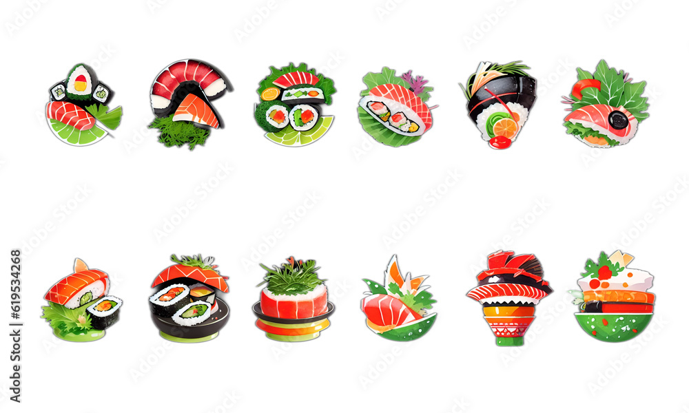 delicious sushi seafood shoyu wasabi icon set by generative ai