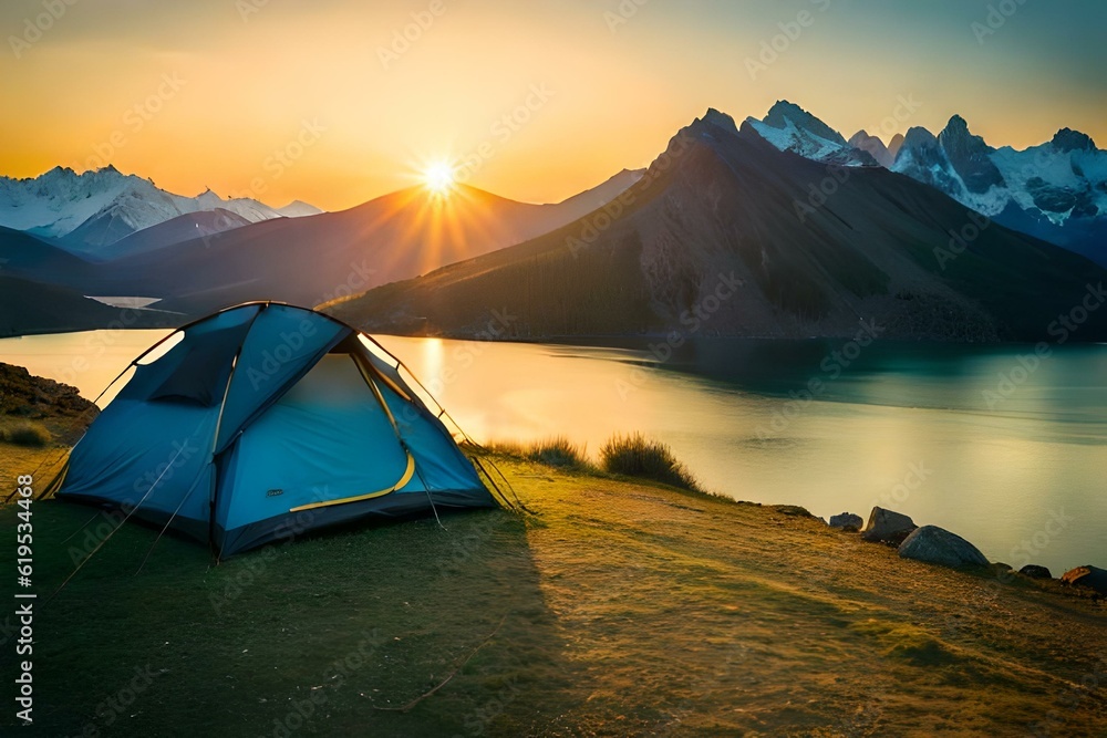 camping in the mountains at sunset