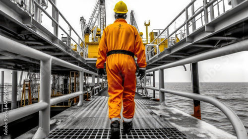 The engineer at an oil rig construction site is a highly skilled professional responsible for overseeing the technical aspects of the project,ai generative. photo