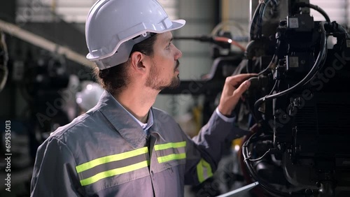 Happy Caucasian male engineer wearing safety uniform working use tablet online information to monitor machine operation, check maintenance a machine to work efficiently and safety.