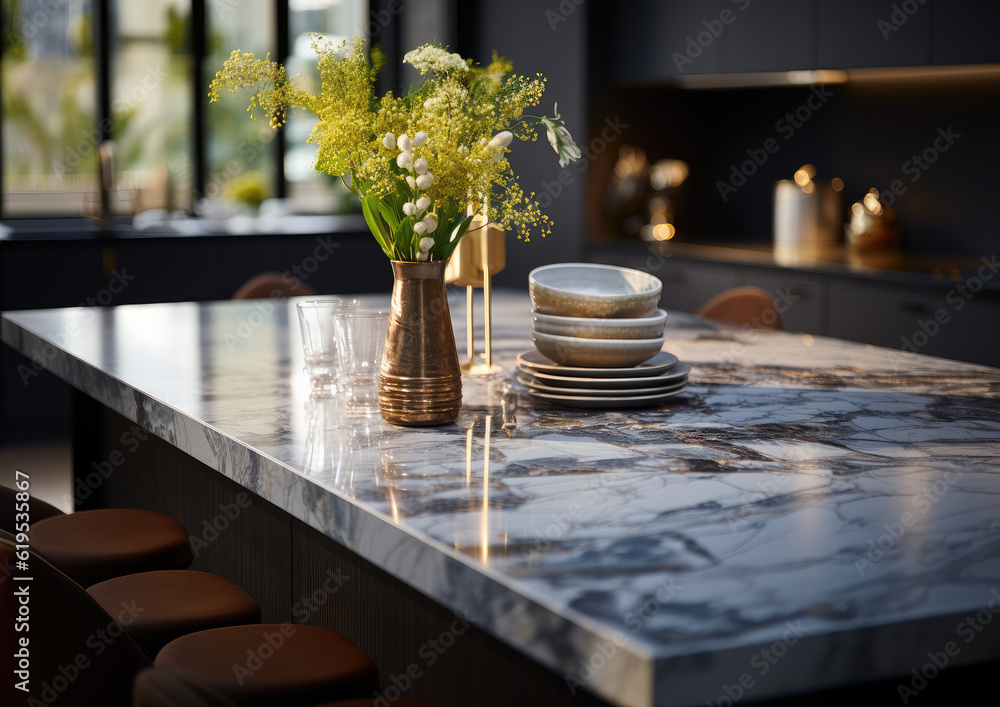 A modern kitchen room with a large, sleek marble table top counters