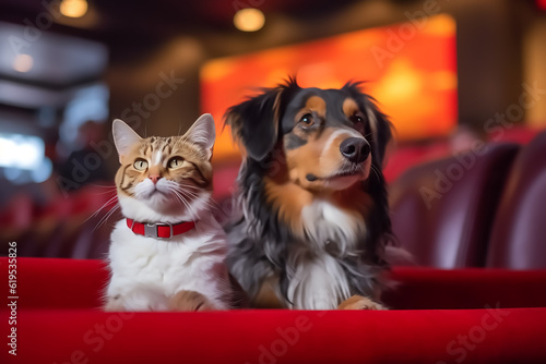 Very cute pets watching movie together in the theatre