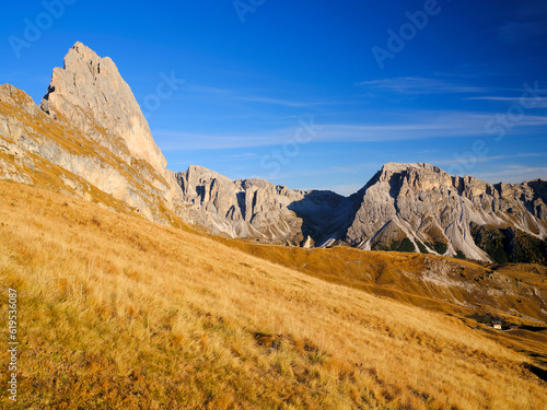 Autumn landscape of Geisler or Odle Dolomites Group, Seceda, famous landmark of Italy, Europe