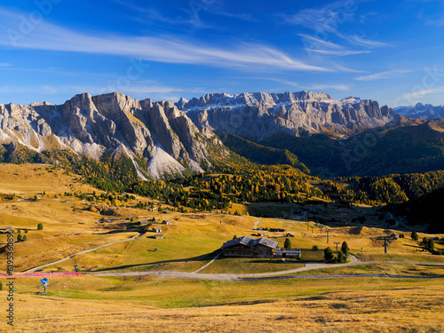 Autumn landscape of Geisler or Odle Dolomites Group  Seceda  famous landmark of Italy  Europe