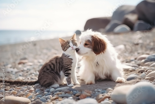 Cute cat and dog enjoying summer on the beach © Brijesh