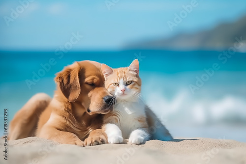 Cute cat and dog enjoying summer on the beach