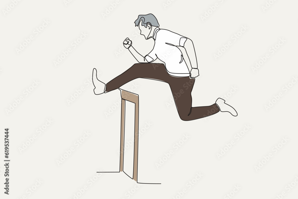 Color illustration of a man jumping over an obstacle. Work obstacle one-line drawing Color illustration of a man jumping over an obstacle. Work obstacle one-line drawing