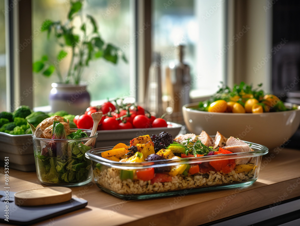 A meal prep scene, variety of healthy meals in containers, colorful vegetables, lean proteins, whole grains, shot on a wooden table, vintage feel A meal prep scene, variety of healthy meals in containers, colorful vegetables, lean proteins, whole grains, shot on a wooden table, vintage feel