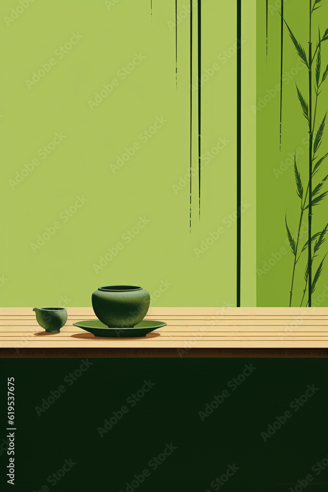 A minimalist Japanese ukiyo - e style woodblock print of a matcha tea ceremony, with the vibrant green of the tea standing out against the simple, clean lines of the scene A minimalist Japanese ukiyo - e style woodblock print of a matcha tea ceremony, with the vibrant green of the tea standing out against the simple, clean lines of the scene