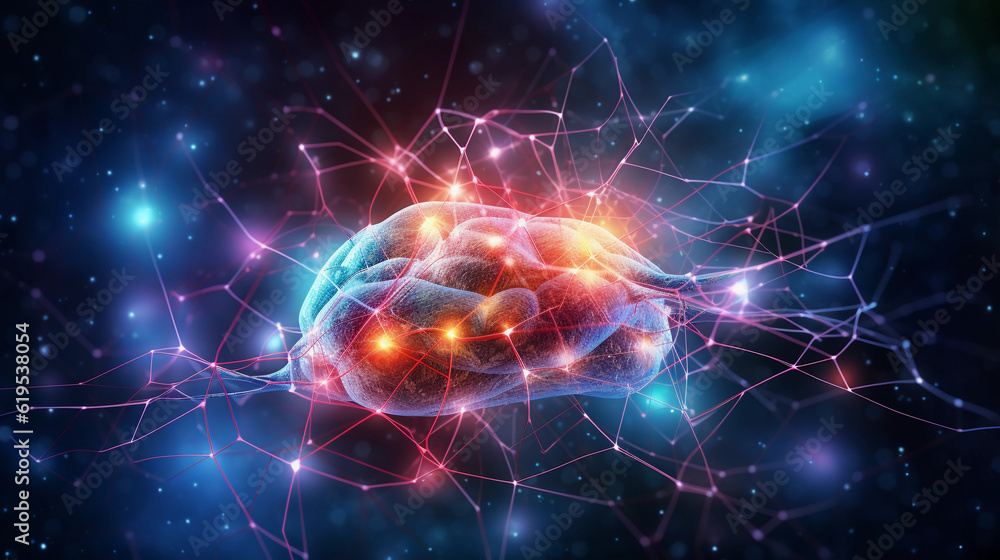Abstract visualization of mindfulness, human brain with luminous neural connections, peaceful, starry cosmos background, vibrant colors, high resolution Abstract visualization of mindfulness, human brain with luminous neural connections, peaceful, starry cosmos background, vibrant colors, high resolution