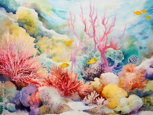 Abstract representation of the life cycle of a coral reef  with a riot of colors depicting the biodiversity  degraded over time to a bleached white  vivid colors to pastels  visible effects of climate