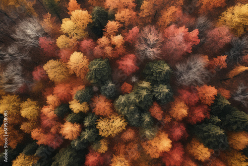Aerial drone shot of a dense forest in autumn, vibrant foliage colors creating an abstract palette, shot on a DJI Inspire 2, at noon, polarizing filter