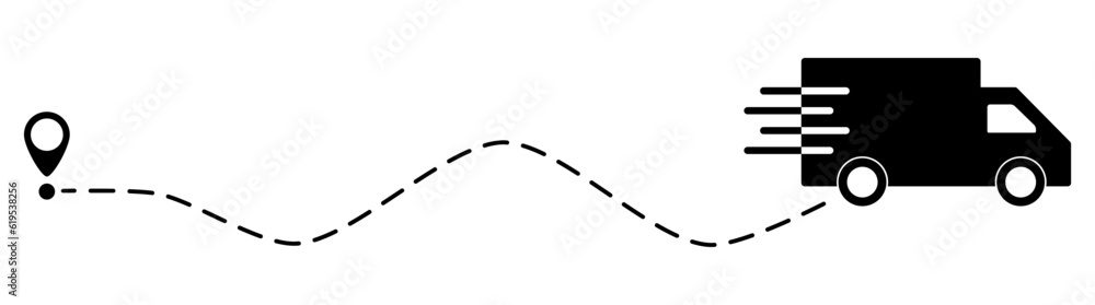Truck fast delivery with location pin. Car silhouette driving on dotted path. Travel destination symbol. Vector illustration isolated on white. Truck fast delivery with location pin. Car silhouette driving on dotted path. Travel destination symbol. Vector illustration isolated on white.