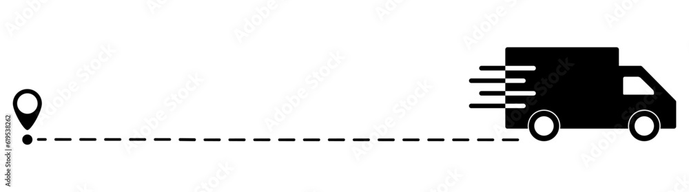 Truck fast delivery with location pin. Car silhouette driving on dotted path. Travel destination symbol. Vector illustration isolated on white. Truck fast delivery with location pin. Car silhouette driving on dotted path. Travel destination symbol. Vector illustration isolated on white.